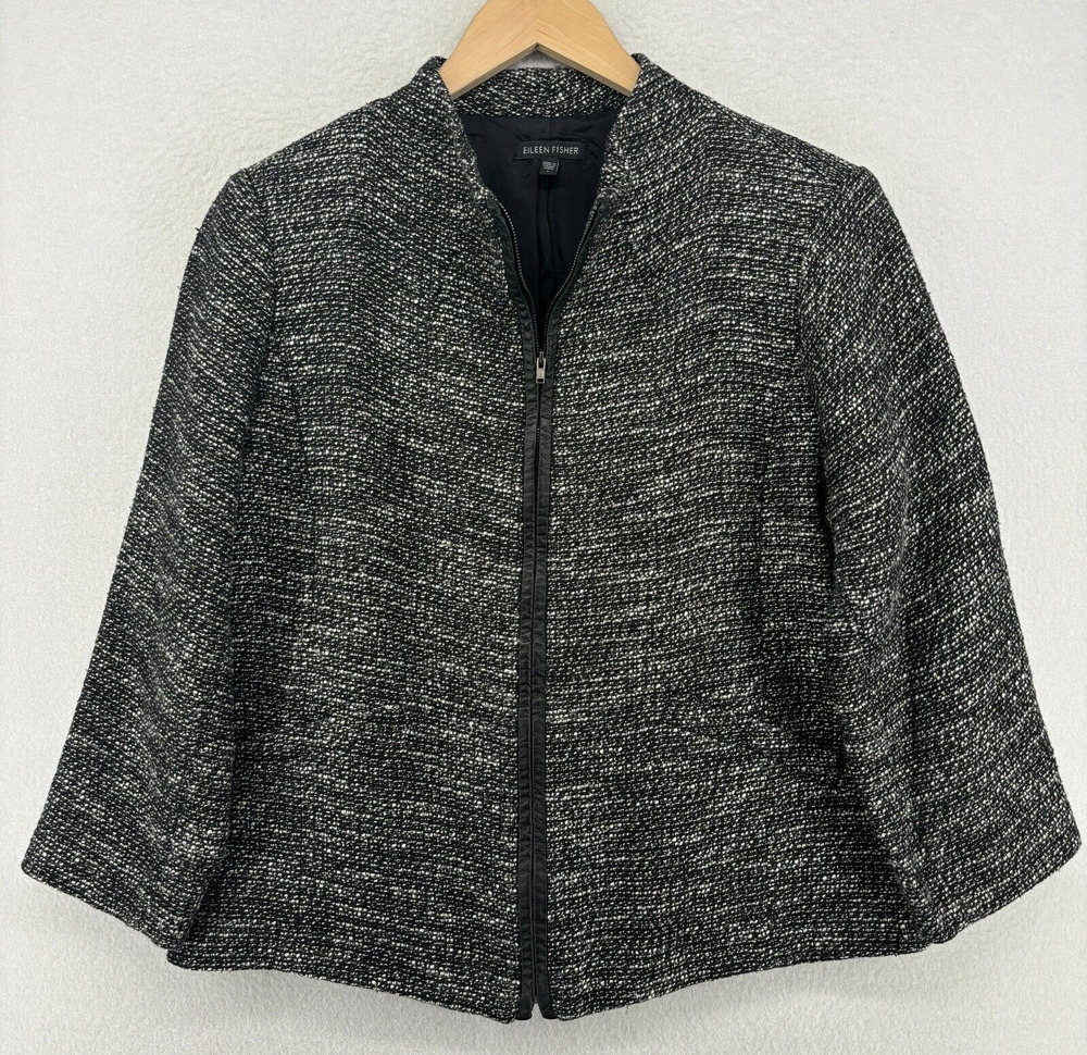 EILEEN FISHER Jacket L Cotton Linen Tweed Leather Trim Blazer Full Zip Gray